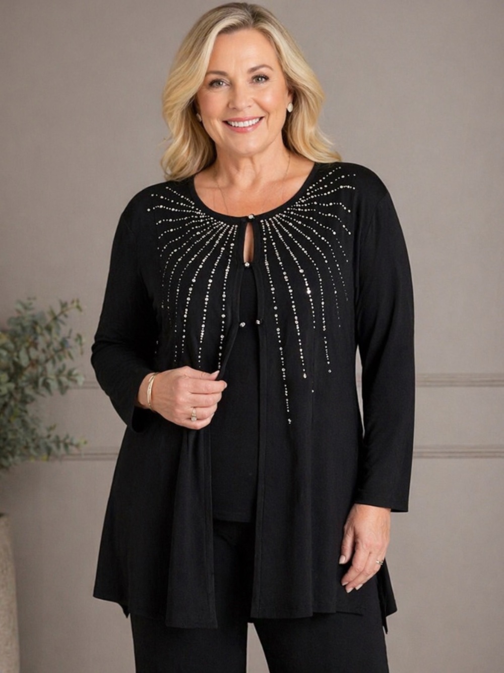 Misook 3X Black Rhinestone Embellished Cardigan Tunic Open Front Plus Size